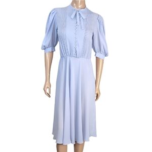 Vintage 70s Algo Tie Neck Midi Dress Pearl Button Periwinkle Chiffon Cottagecore